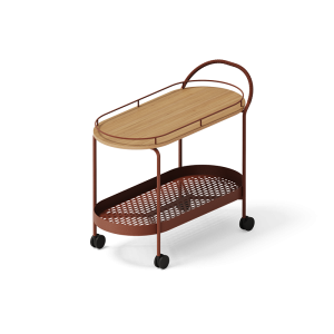 WAIT HERE FOREST GREEN • 860x1000x460 • TABLETT AUS EICHENFURNIER • UMWICKELTER GRIFF AUS NATÜRLICH GEGERBTEM LEDER • WAGEN AUS STRUKTURLACKIERTEM METALL • SCHWARZE, SCHWENKBARE GUMMIRÄDER AUS ABS-KUNSTSTOFF