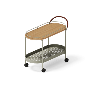 WAIT HERE FOREST GREEN • 860x1000x460 • TABLETT AUS EICHENFURNIER • UMWICKELTER GRIFF AUS NATÜRLICH GEGERBTEM LEDER • WAGEN AUS STRUKTURLACKIERTEM METALL • SCHWARZE, SCHWENKBARE GUMMIRÄDER AUS ABS-KUNSTSTOFF