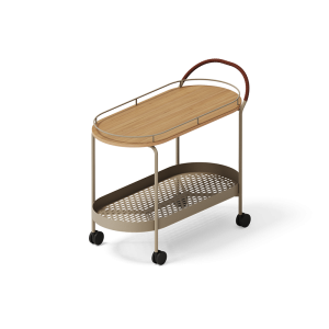 WAIT HERE FOREST GREEN • 860x1000x460 • TABLETT AUS EICHENFURNIER • UMWICKELTER GRIFF AUS NATÜRLICH GEGERBTEM LEDER • WAGEN AUS STRUKTURLACKIERTEM METALL • SCHWARZE, SCHWENKBARE GUMMIRÄDER AUS ABS-KUNSTSTOFF